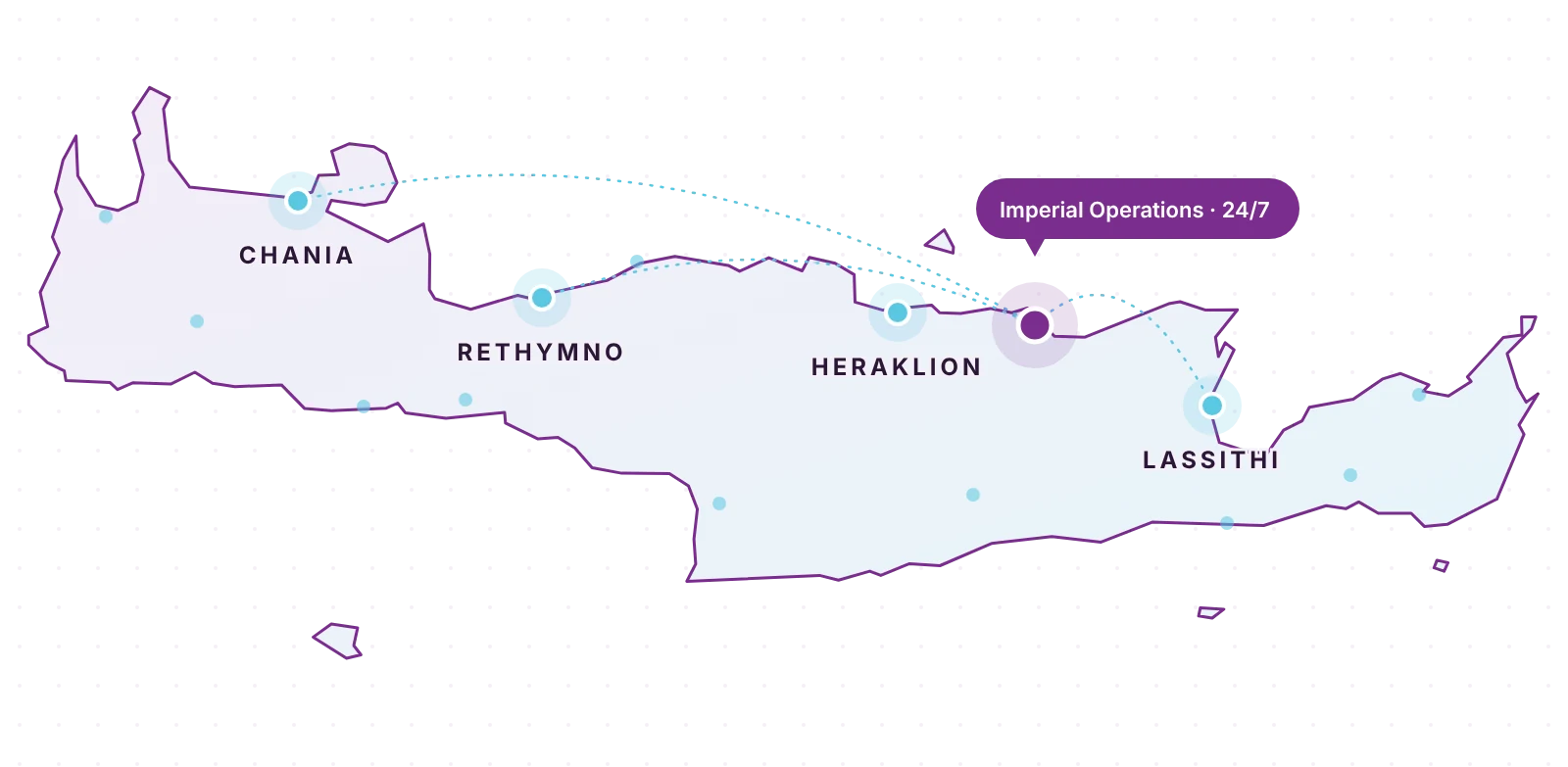 Map of Crete showing medical assistance coverage in Chania, Rethymno, Heraklion and Lassithi