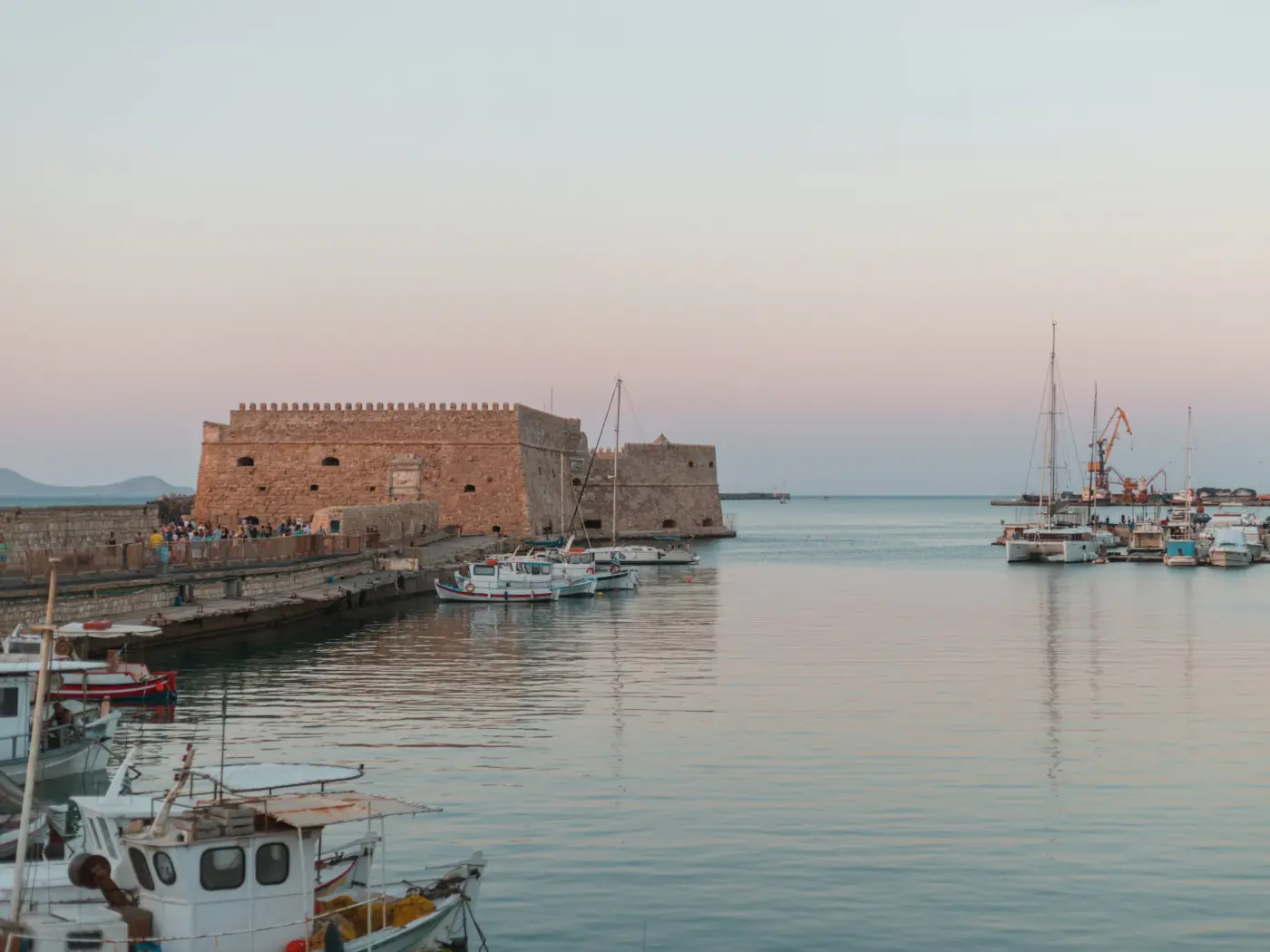 Heraklion Venetian harbour and Koules fortress at dusk