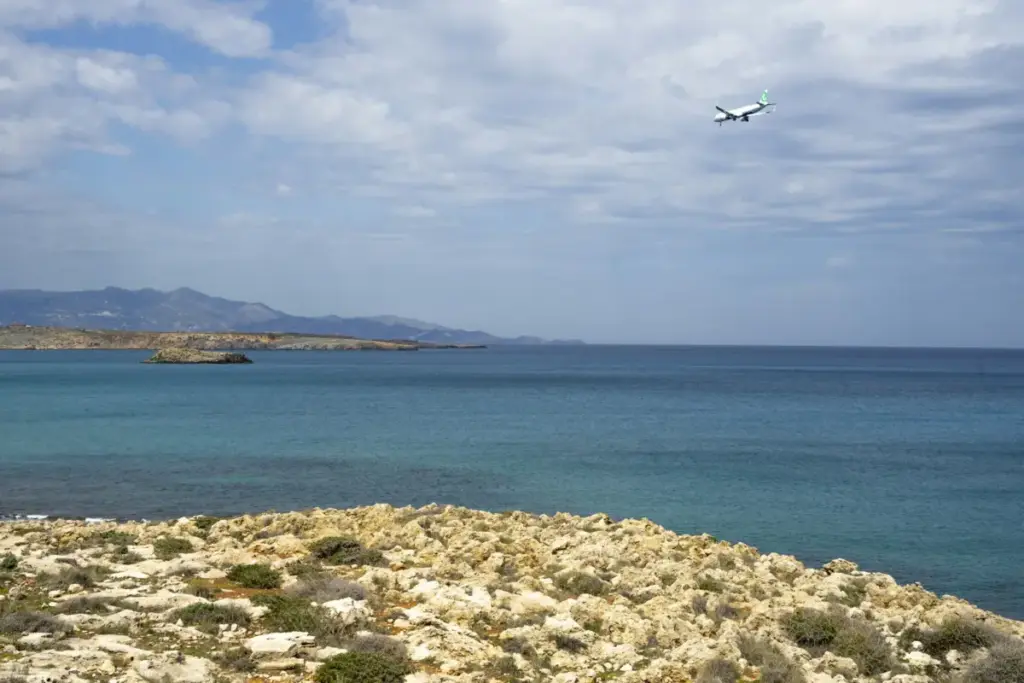 Airplane approaching over the sea near Heraklion, Crete